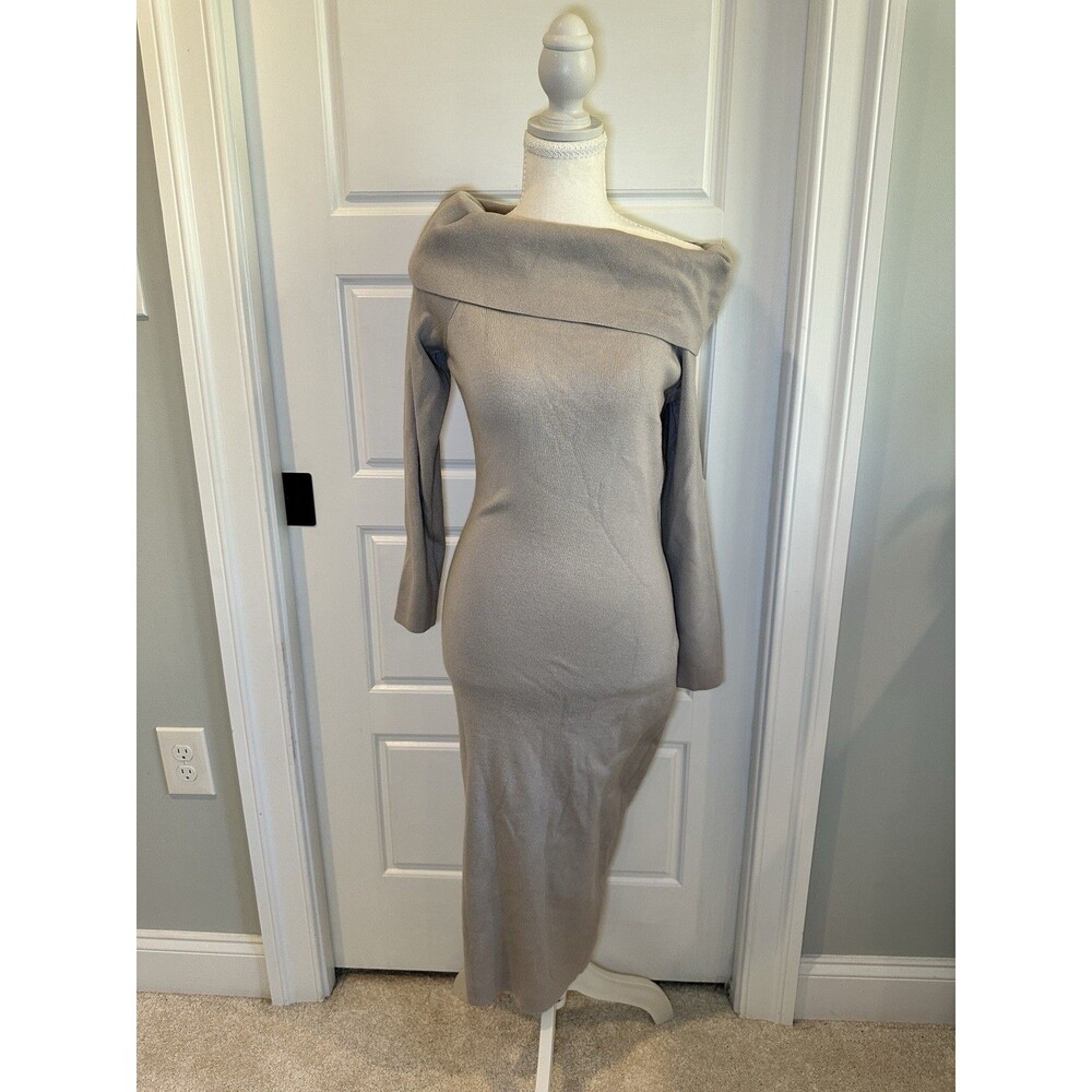 Merokeety Off The Shoulder Ribbed Knit Midi Sweater Dress Size S Taupe Grey NWT